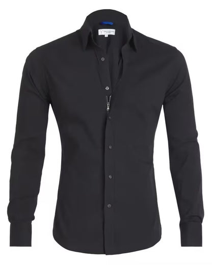 Chemise à fermeture éclair à manches longues avec boutons, hauts à revers de mode pour hommes