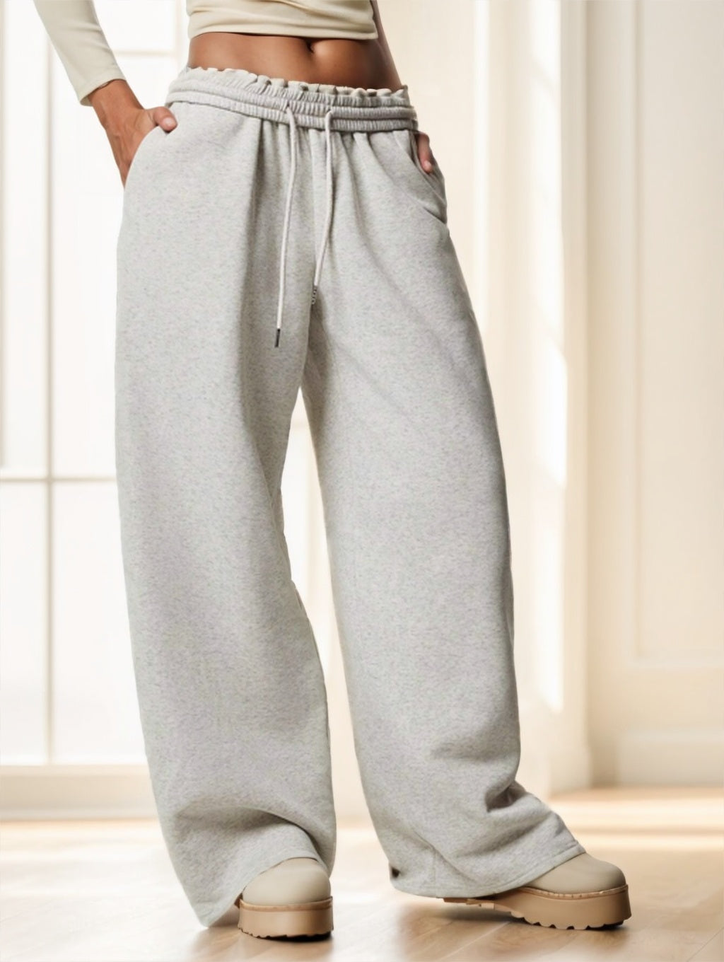 Pantalon décontracté doublé chaud à taille élastique et jambes larges.