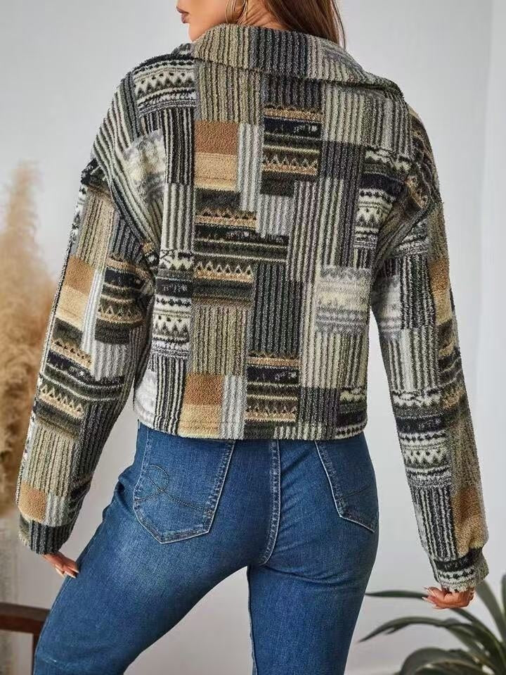 Veste en peluche douce pour femme – Cardigan imprimé à boutons