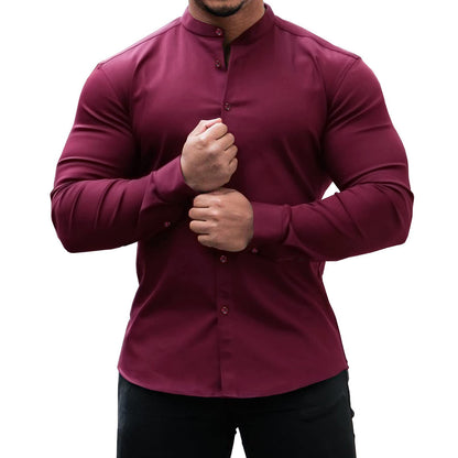 Chemise à manches longues pour homme, décontractée, à boutons, coupe slim, couleur unie.