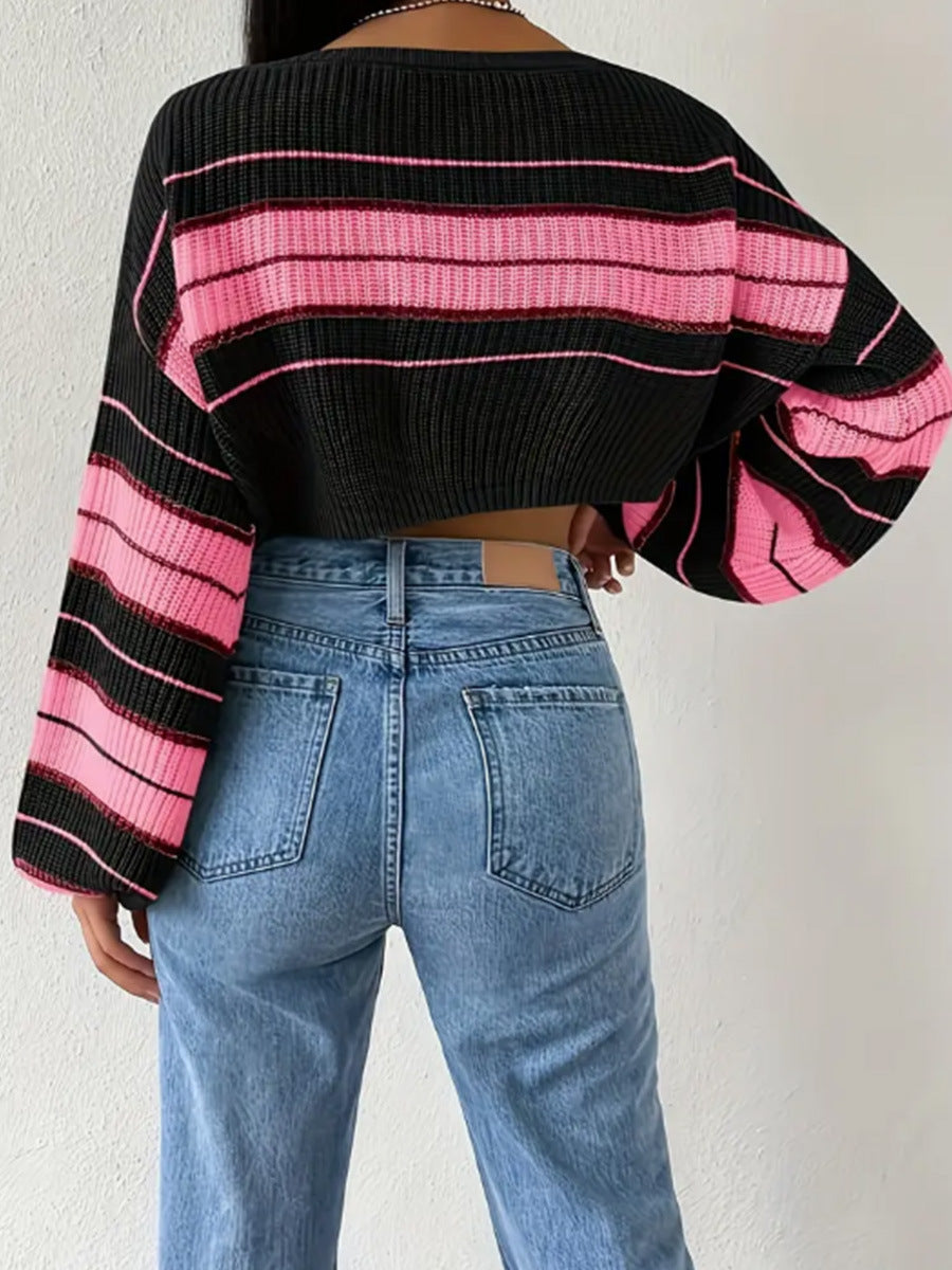 Pull tricoté à rayures contrastées – Coupe ample, manches longues, facile à assortir