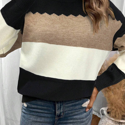 Pull chaud et élégant pour femme, col rond et manches longues, motif color-block