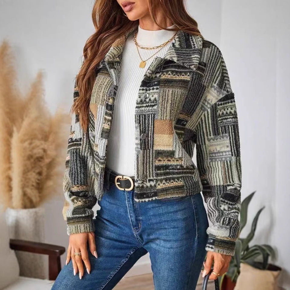 Veste en peluche douce pour femme – Cardigan imprimé à boutons