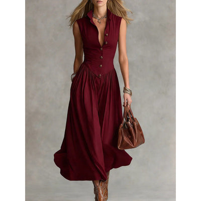 Robe longue habillée sans manches à col tailleur élégant