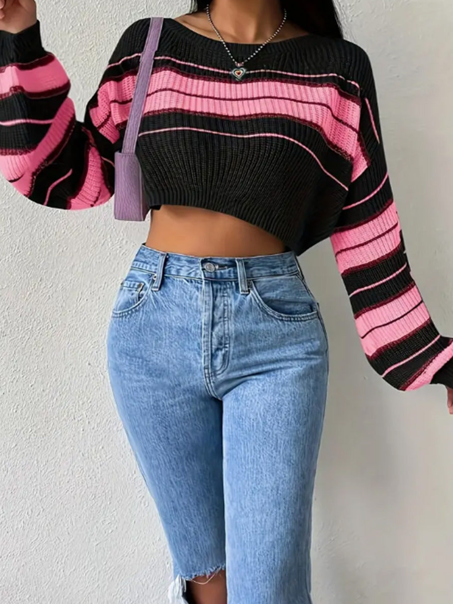 Pull tricoté à rayures contrastées – Coupe ample, manches longues, facile à assortir
