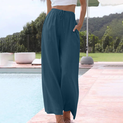Pantalon large décontracté en coton et lin avec cordon de serrage
