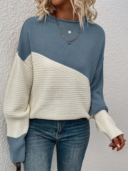 Pull en tricot pour femmes, haut de couleur contrastée avec coutures