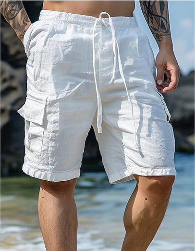Short en lin et coton, cordon de serrage, taille élastique, jambe droite, couleur unie