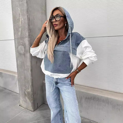 Pull à capuche pour femmes, ample et décontracté, avec coutures en Denim, à la mode