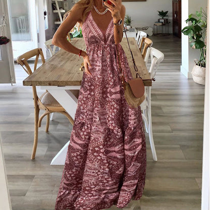 Robe imprimée à fleurs style bohème, taille haute et décolleté en V