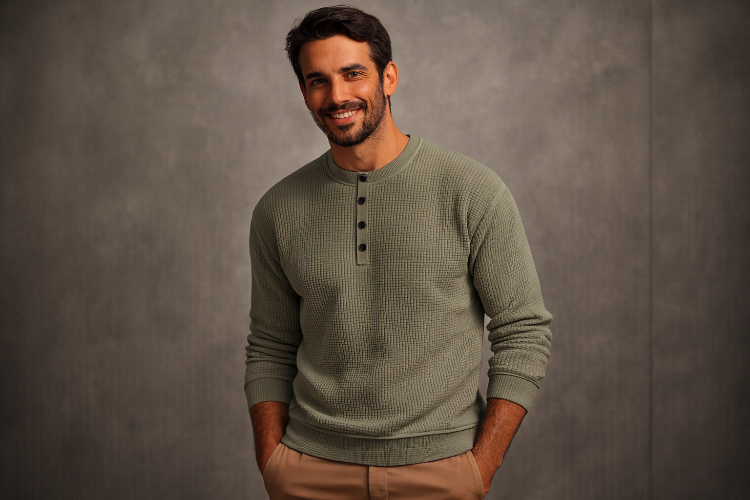 Henley casual en maille gaufrée, col rond, manches longues, couleur pleine