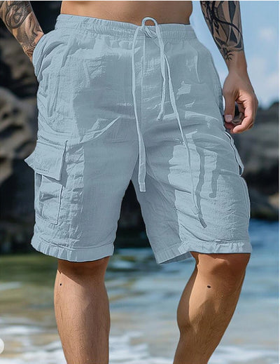 Short en lin et coton, cordon de serrage, taille élastique, jambe droite, couleur unie