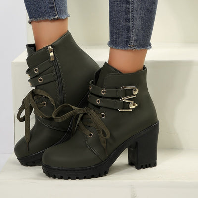 Bottines d’automne à bout rond, talon épais et plateforme, avec lacets pour un style décontracté.