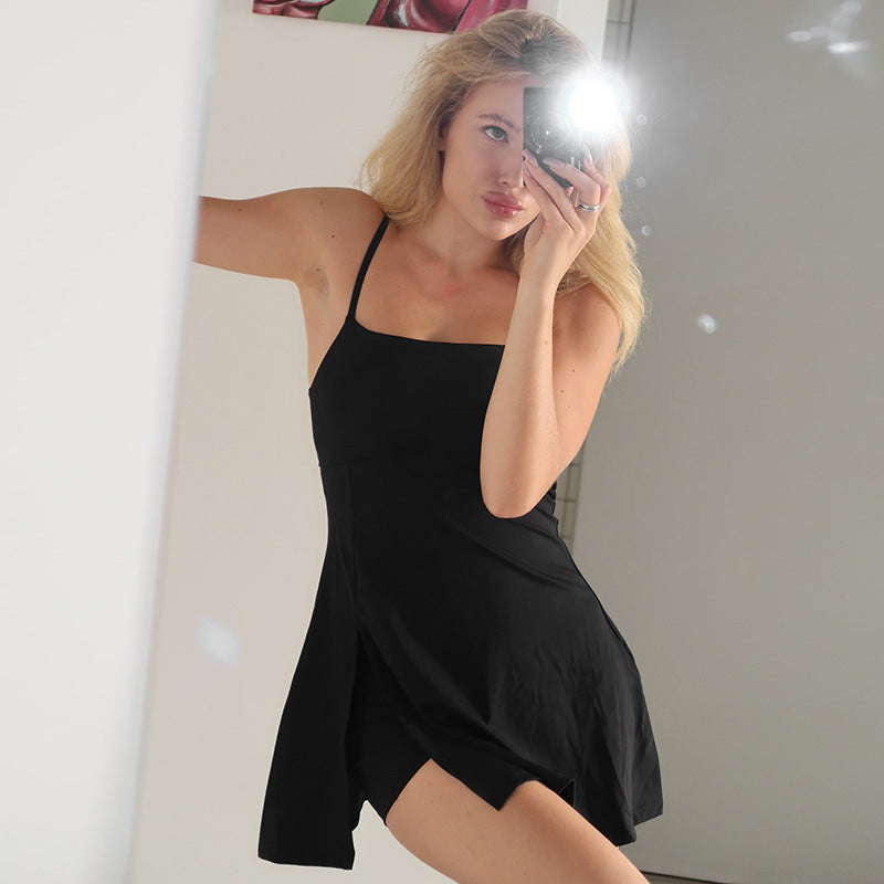 Robe Sexy à Bretelles avec Fente et Short Intégré – Tendance Europe & Amérique