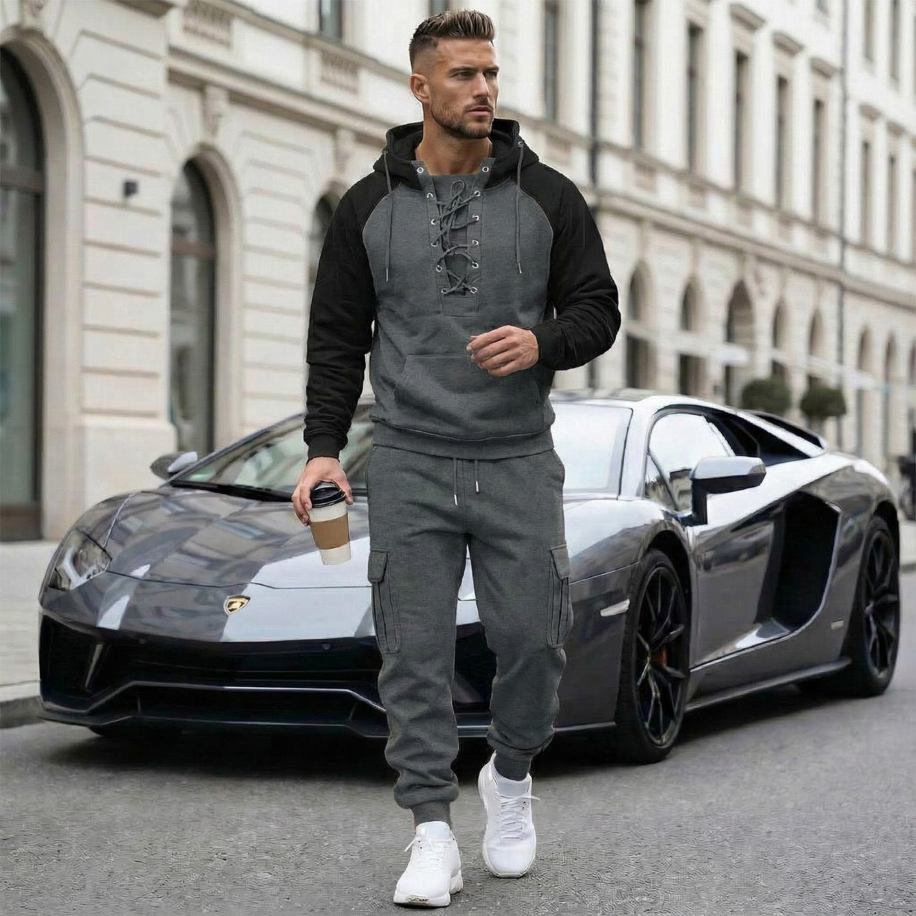 Pantalon cargo doublé en polaire, manches raglan, multi-poches