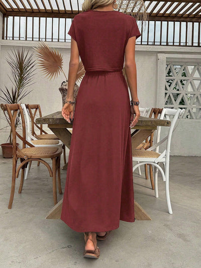 Ensemble haut court à manches chauve-souris et jupe fendue sur le côté pour femme, couleur unie – Style chic et moderne