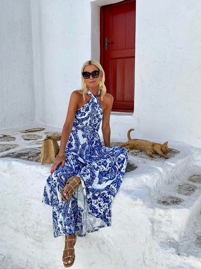 Robe longue imprimée dos nu à col suspendu pour femme