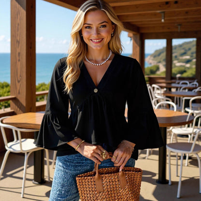 Chemisier femme uni décontracté à manches évasées 3/4