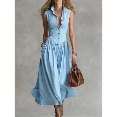 Robe longue habillée sans manches à col tailleur élégant