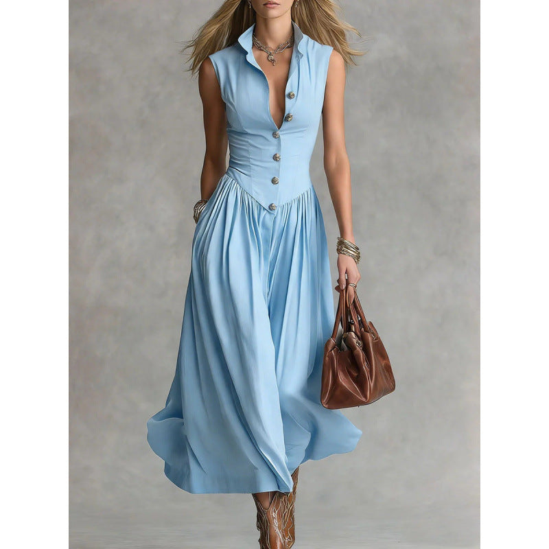 Robe longue habillée sans manches à col tailleur élégant