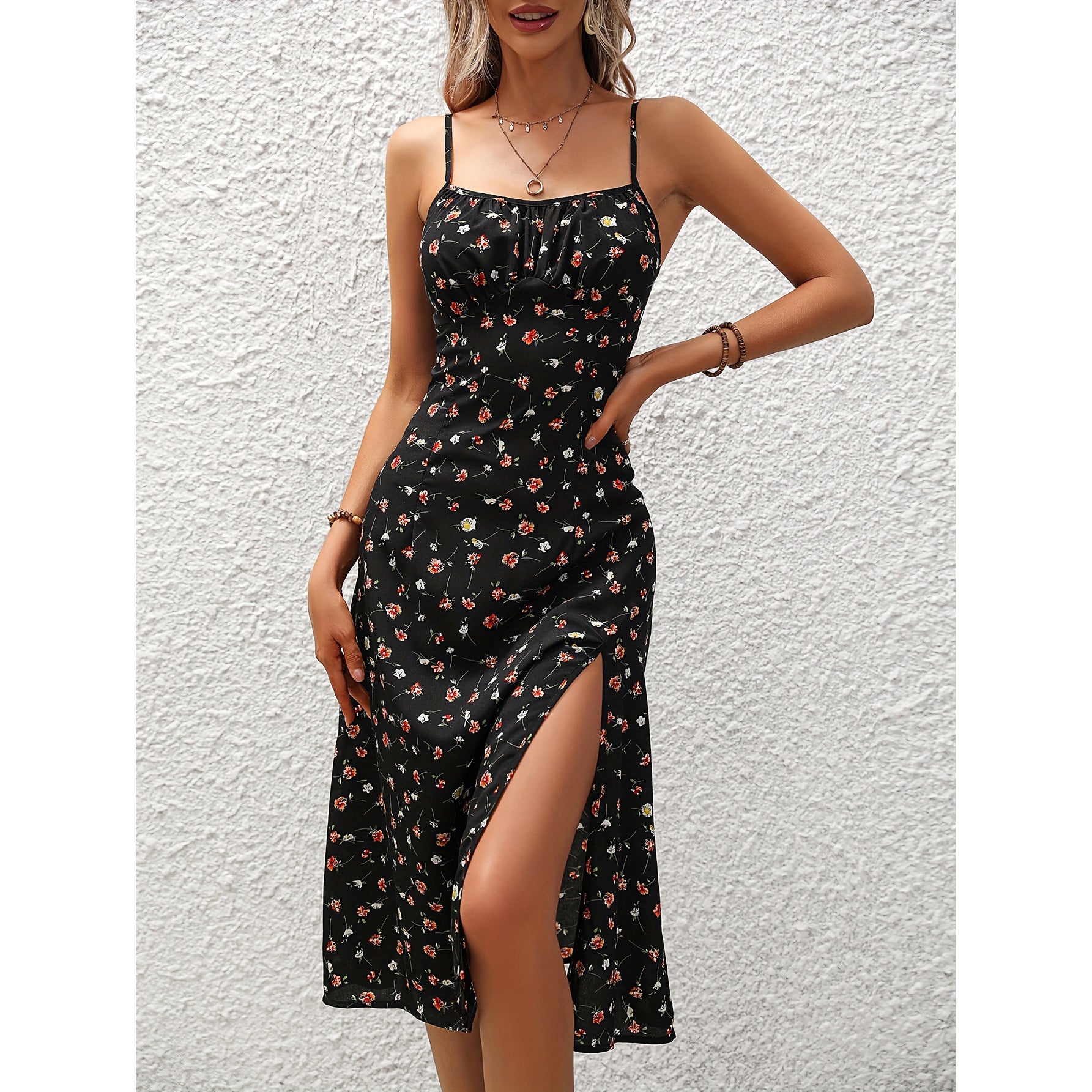 Robe Longue d'Été à Bretelles avec Imprimé Pois et Fente Sexy pour Femme