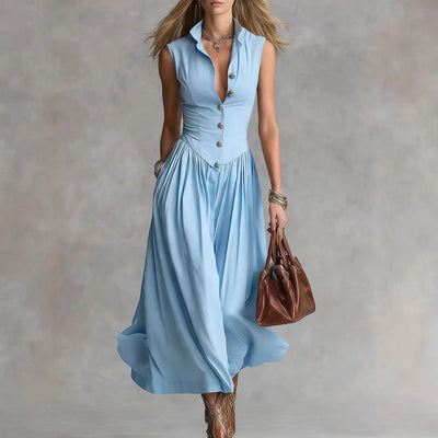 Robe longue habillée sans manches à col tailleur élégant