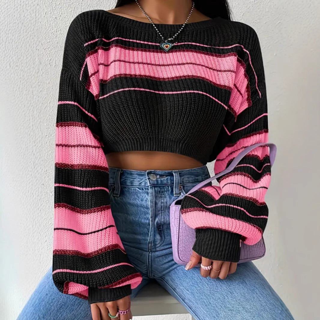 Pull tricoté à rayures contrastées – Coupe ample, manches longues, facile à assortir