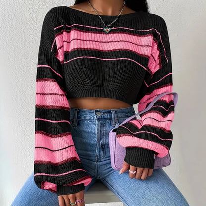Pull tricoté à rayures contrastées – Coupe ample, manches longues, facile à assortir