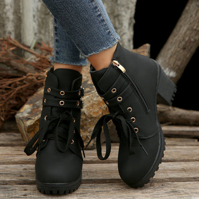 Bottines d’automne à bout rond, talon épais et plateforme, avec lacets pour un style décontracté.