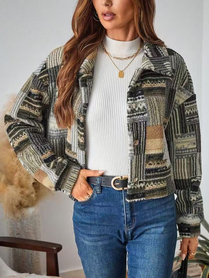 Veste en peluche douce pour femme – Cardigan imprimé à boutons