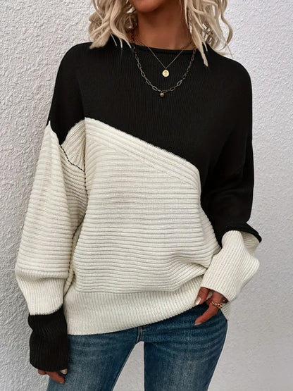 Pull en tricot pour femmes, haut de couleur contrastée avec coutures