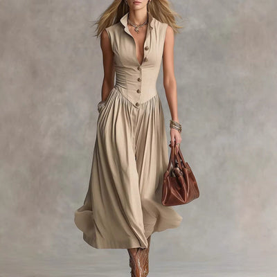 Robe longue habillée sans manches à col tailleur élégant