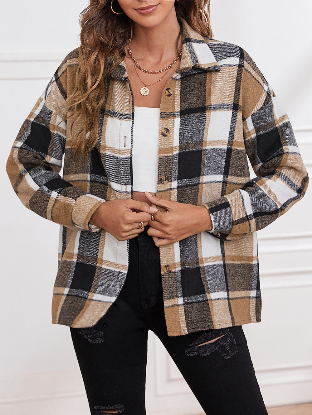Cardigan à Revers, Boutonnage Simple, en Laine à Carreaux – Élégance et Style Tendance