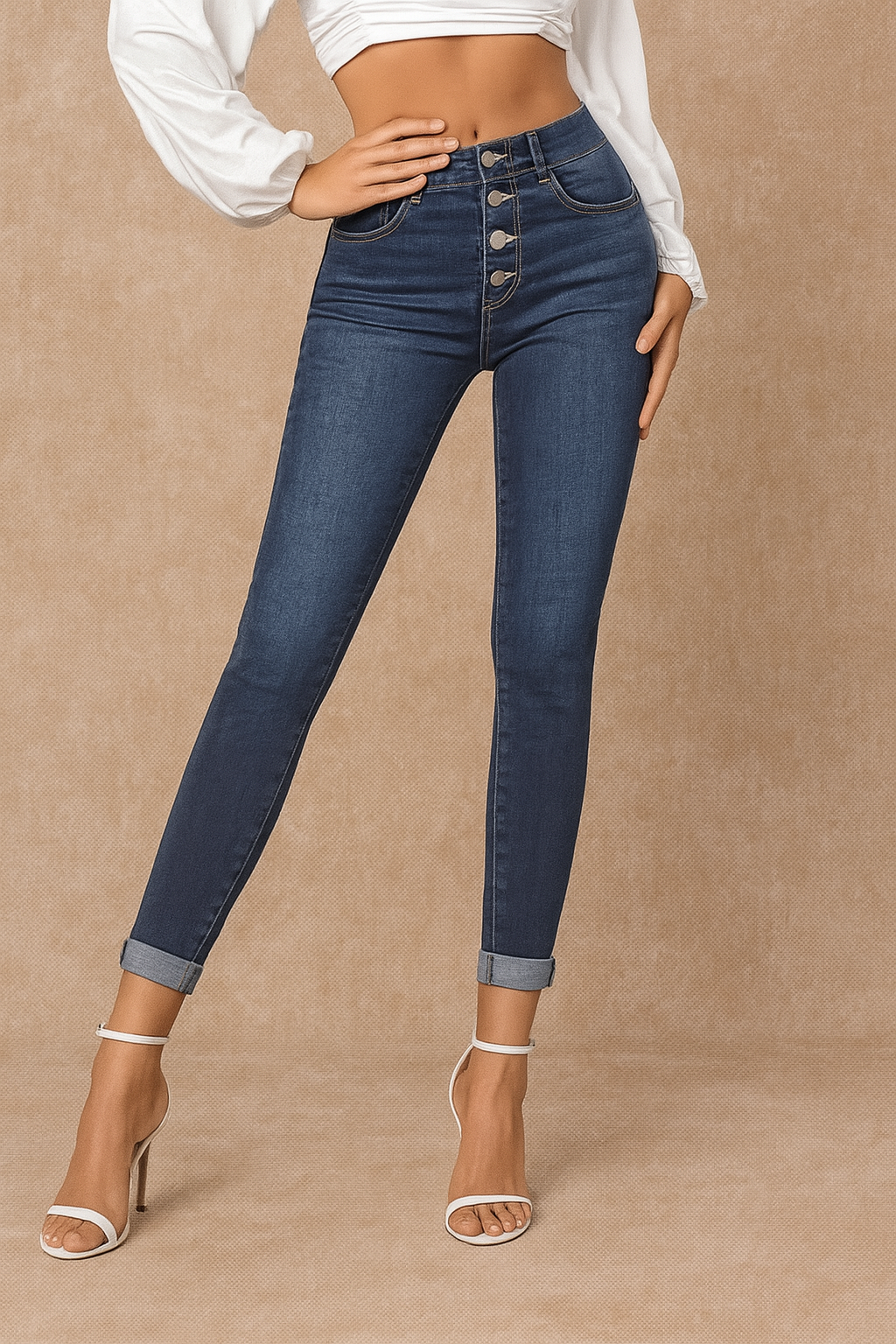 Jean femme coupe slim – Ourlet retroussé, tissu stretch et jeu de couleurs contrastées