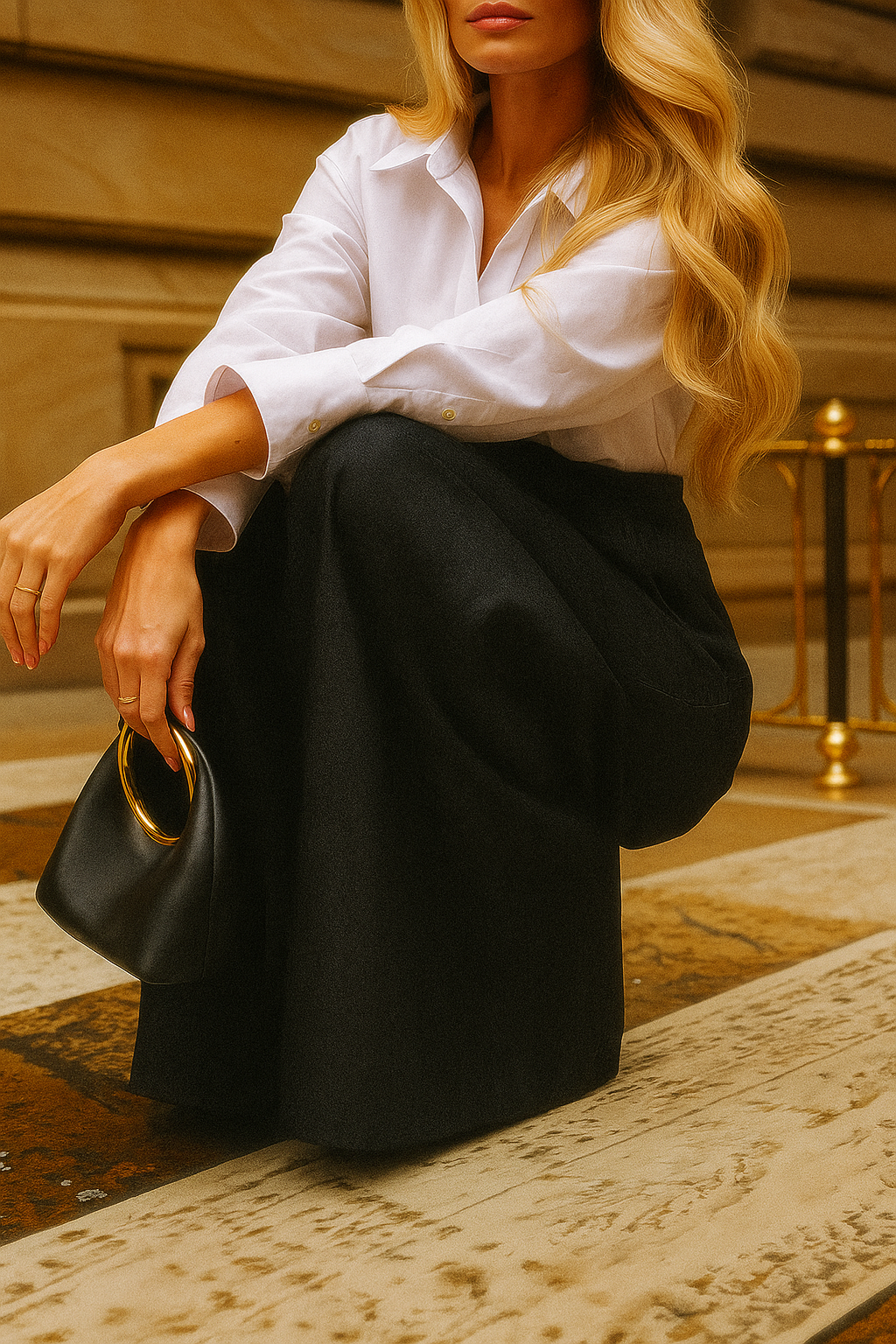 Jean taille haute élégant, coupe large sophistiquée.