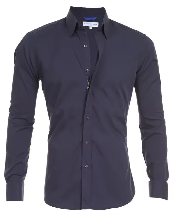 Chemise à fermeture éclair à manches longues avec boutons, hauts à revers de mode pour hommes