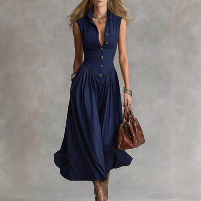 Robe longue habillée sans manches à col tailleur élégant