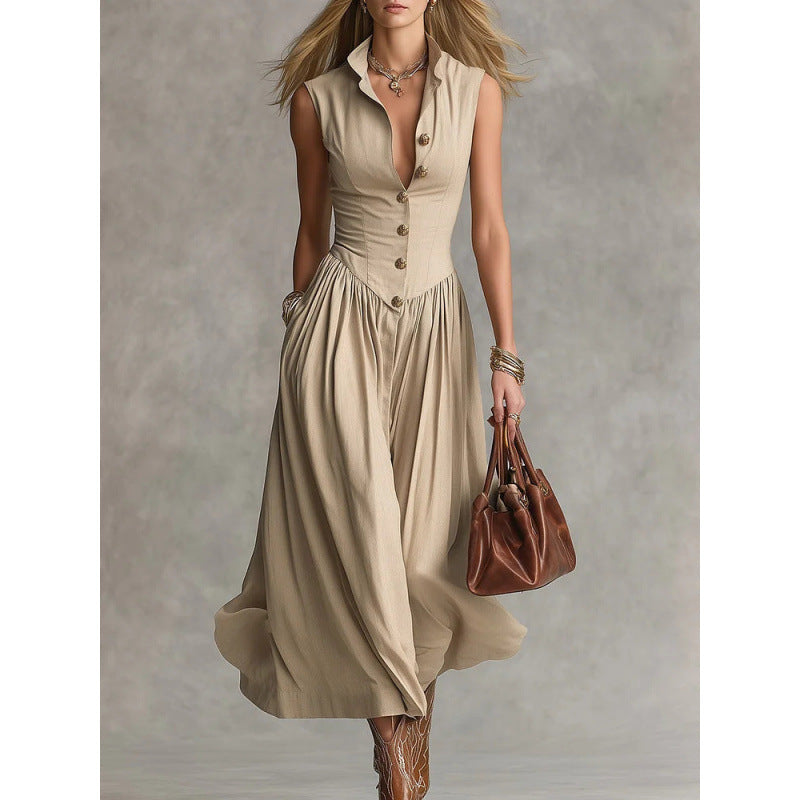 Robe longue habillée sans manches à col tailleur élégant