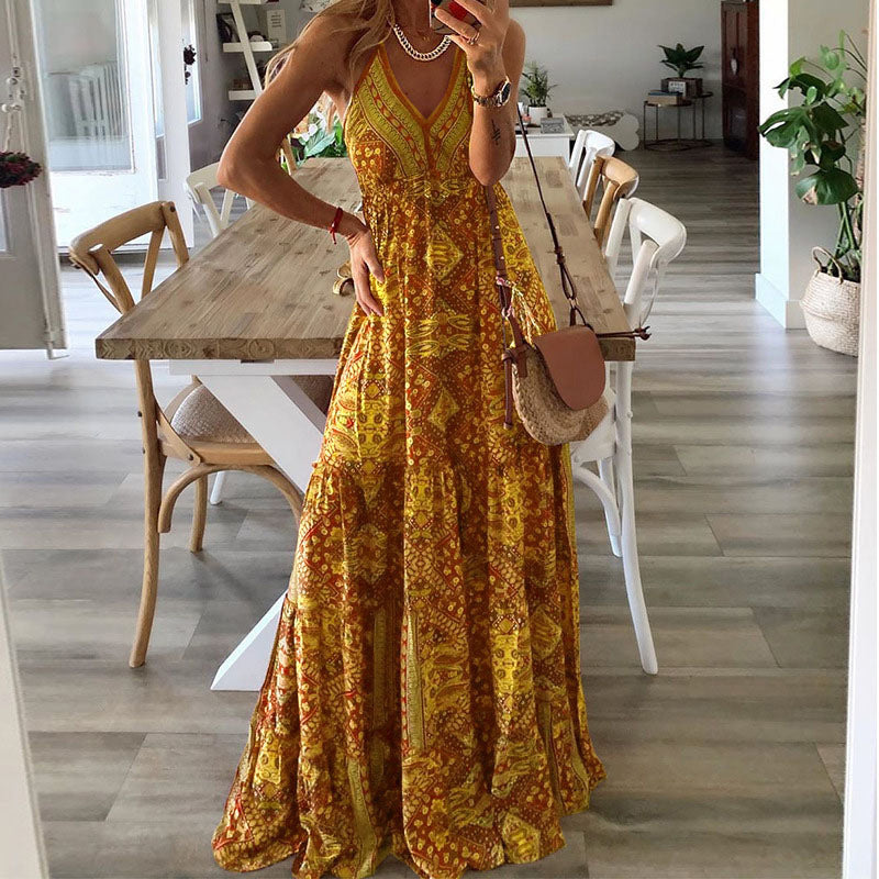 Robe imprimée à fleurs style bohème, taille haute et décolleté en V