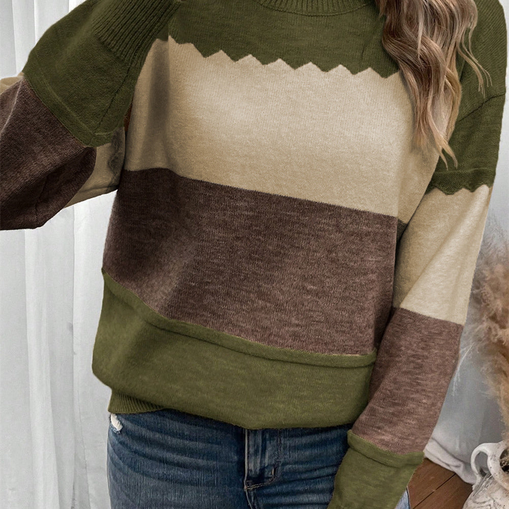 Pull chaud et élégant pour femme, col rond et manches longues, motif color-block