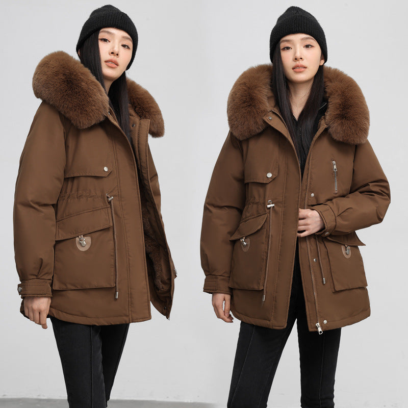 Manteau épais en coton doublé polaire, coupe parka amincissante, style transfrontalier.