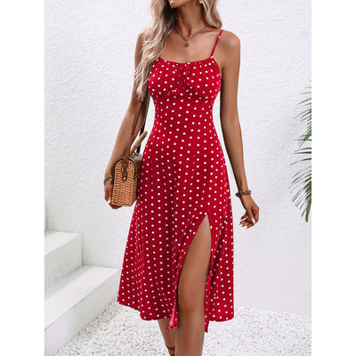 Robe Longue d'Été à Bretelles avec Imprimé Pois et Fente Sexy pour Femme