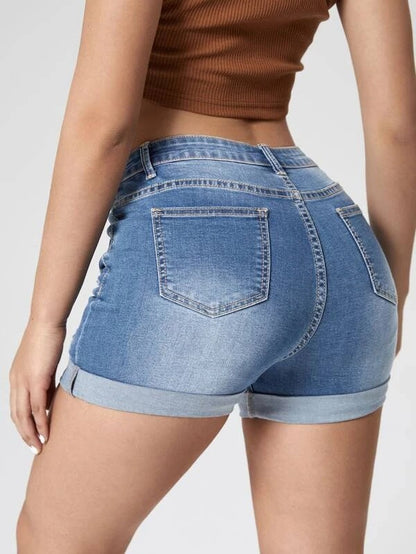 Short en jean taille haute élastique pour femmes, trous de bouclage