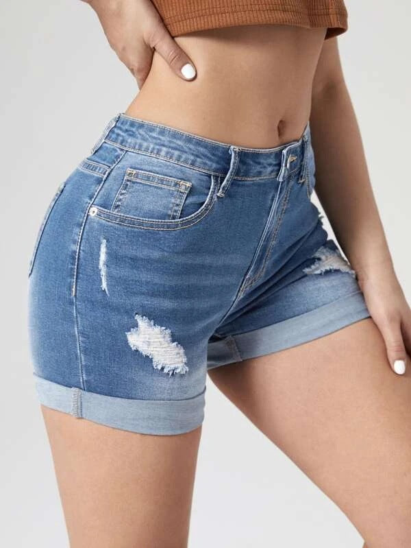 Short en jean taille haute élastique pour femmes, trous de bouclage