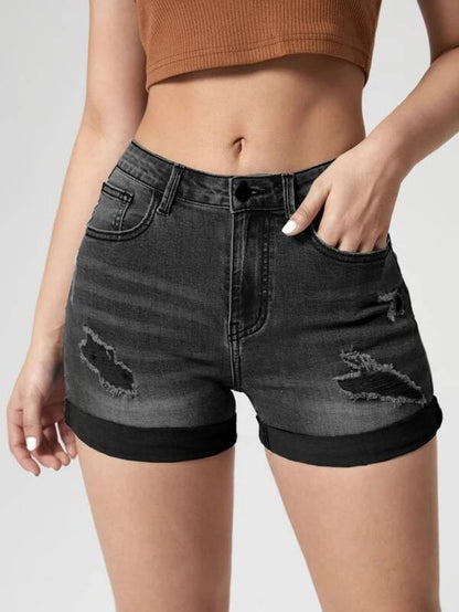 Short en jean taille haute élastique pour femmes, trous de bouclage