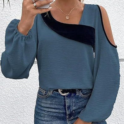 Pull à coutures à épaules dénudées, col diagonal, chemise ample à manches longues