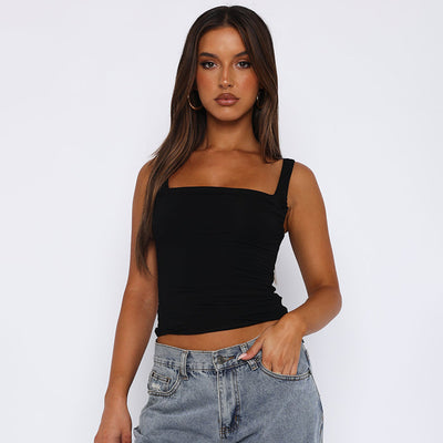 Haut à Bretelles Femme – Col Carré, Plissé, Style Slim, Teinte Unie