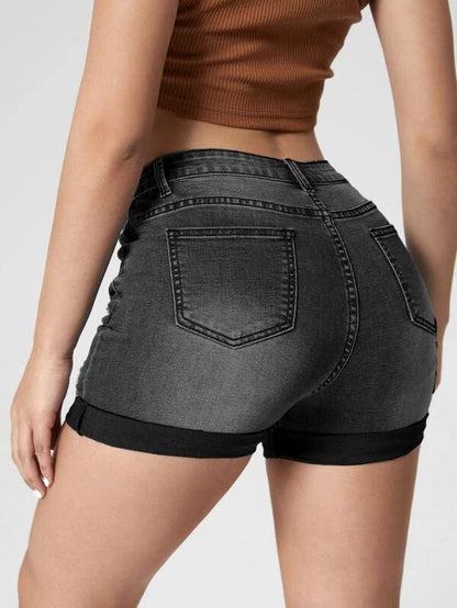 Short en jean taille haute élastique pour femmes, trous de bouclage