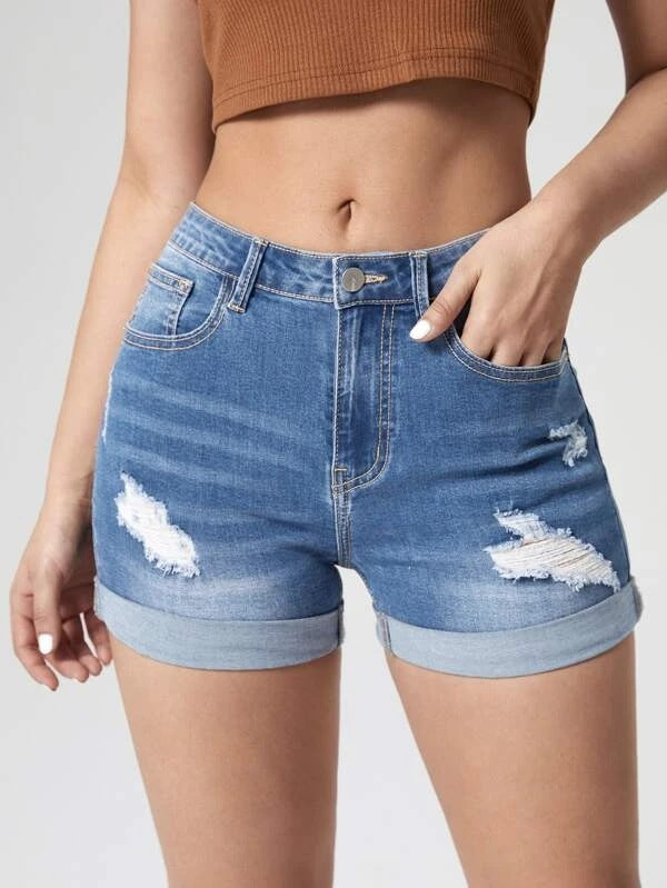 Short en jean taille haute élastique pour femmes, trous de bouclage