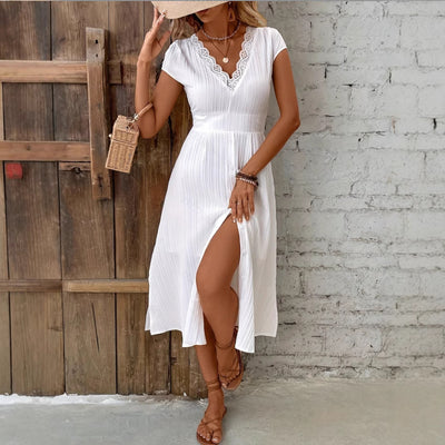 Robe élégante avec col en V et effet dentelle texturée